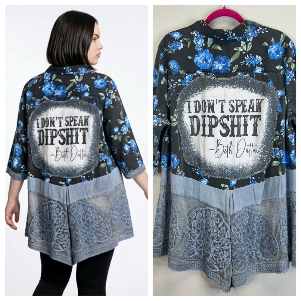 Floral Plus Size Upcycled Beth Dutton Tunic Blue Lace Plus Size 22W Western Boho
